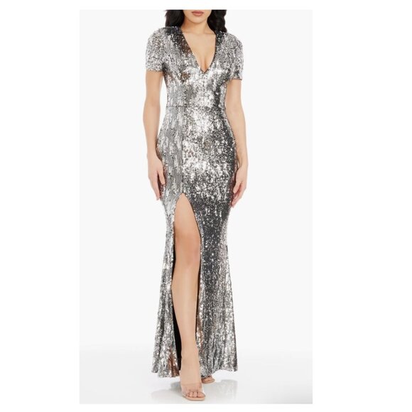 DRESS THE POPULATION Karla Sequin Mermaid Gown In Silver - Picture 1 of 11